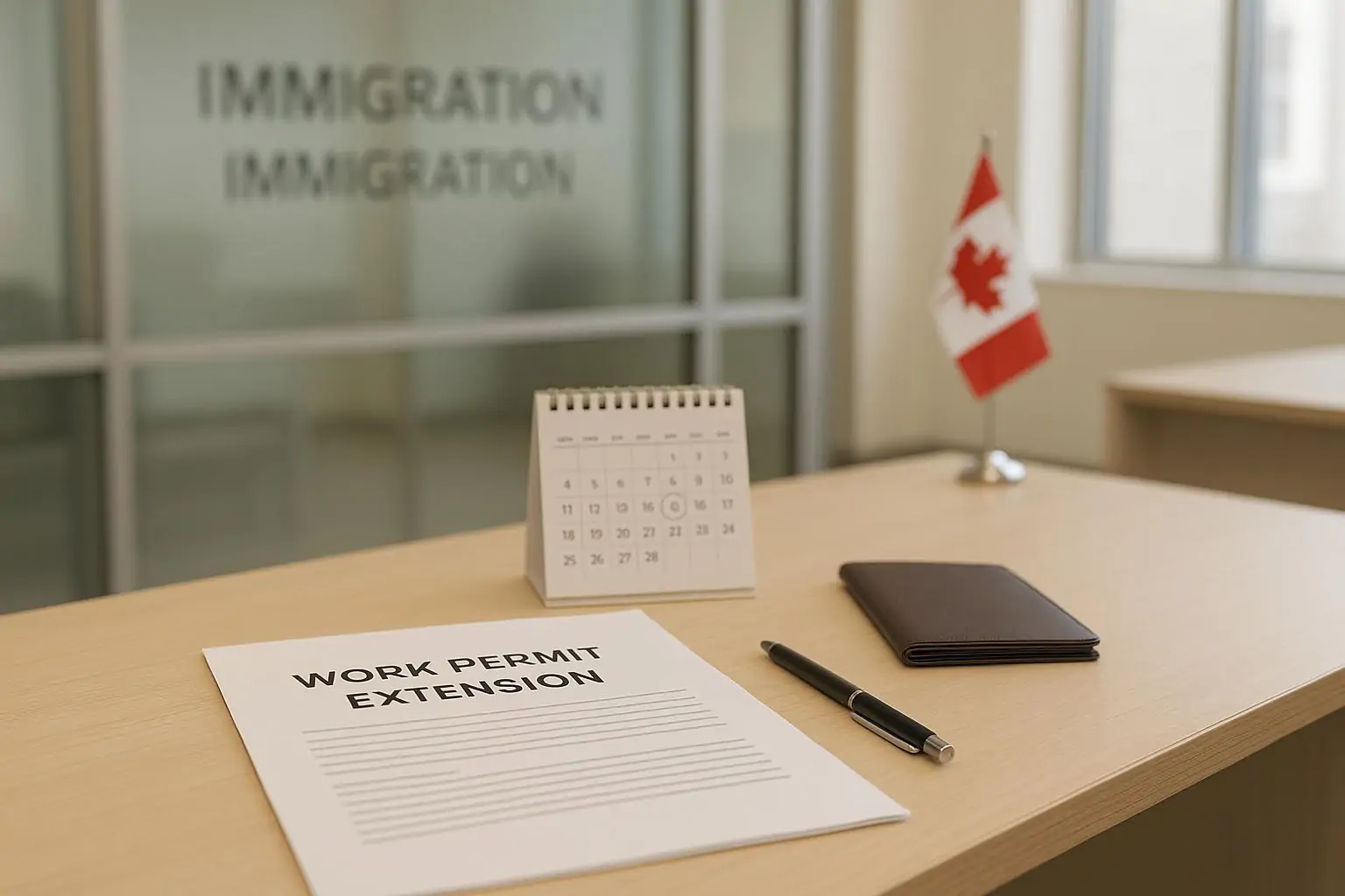 Стол с документами на продление разрешения на работу и календарём в светлом иммиграционном офисе Канады