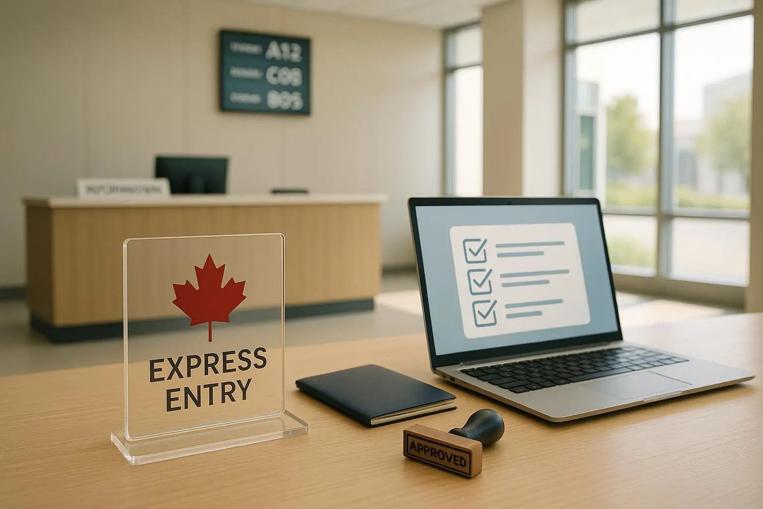 Светлый интерьер госцентра: стойка, экран очереди и папка документов с символикой Канады, нейтрально