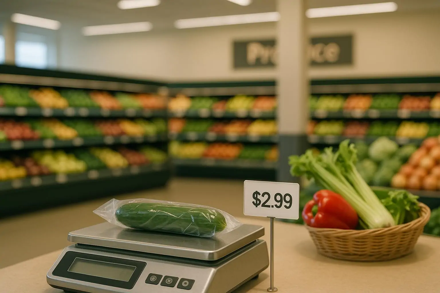 Огурец на весах рядом с высоким ценником в канадском супермаркете, символ роста цен на овощи