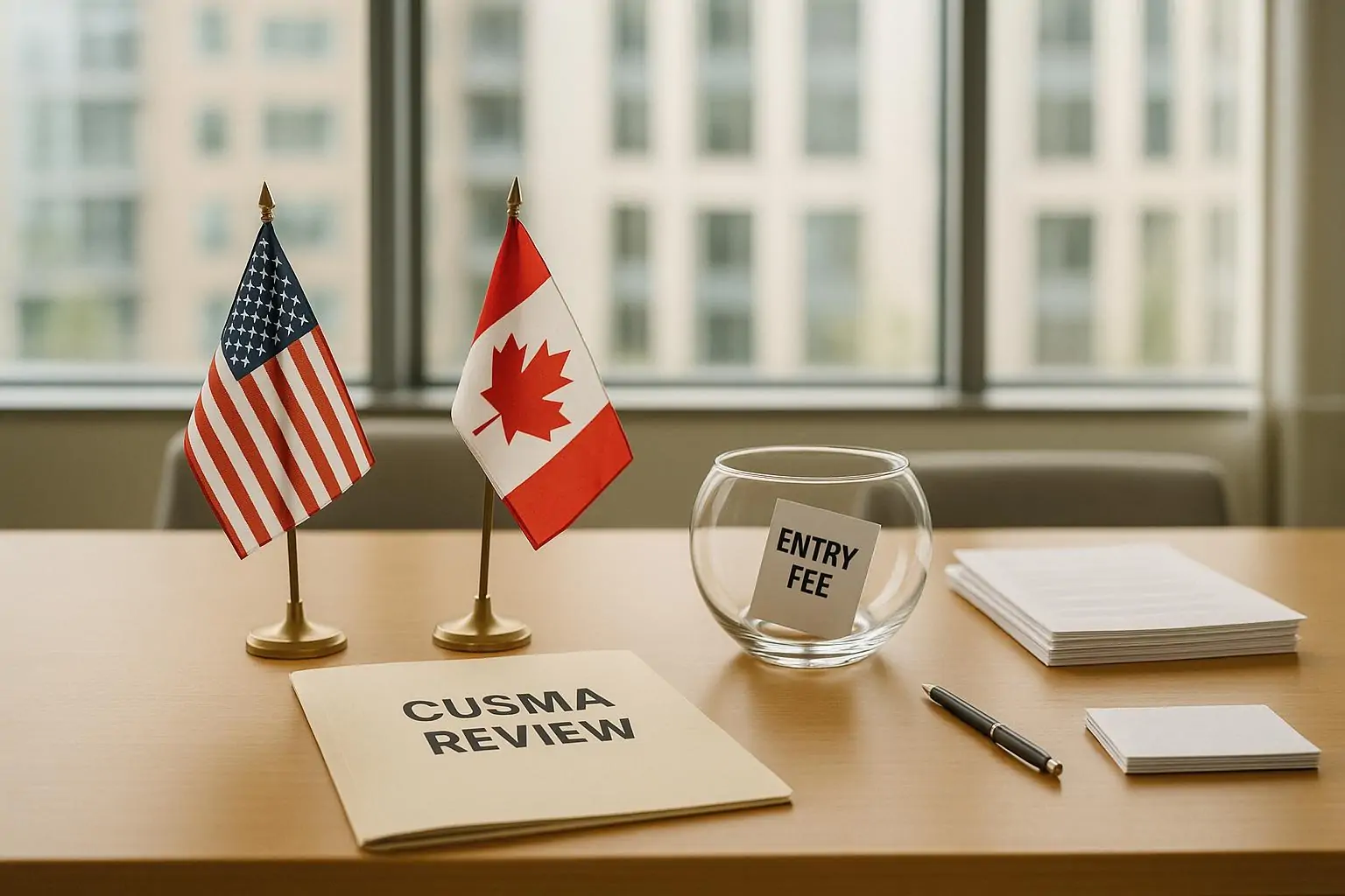 Стол переговоров с флагами США и Канады и папкой «CUSMA», символизирующей условия перед диалогом
