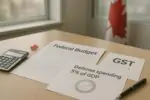 На столе бюджетные документы Канады с графиками, пометкой GST и целью 5% ВВП на оборону в офисе