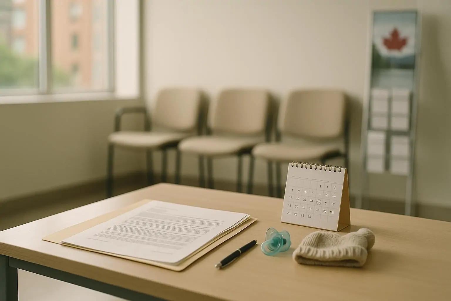Папка с документами, календарь с отмеченной датой и детская шапочка на столе в светлом зале ожидания
