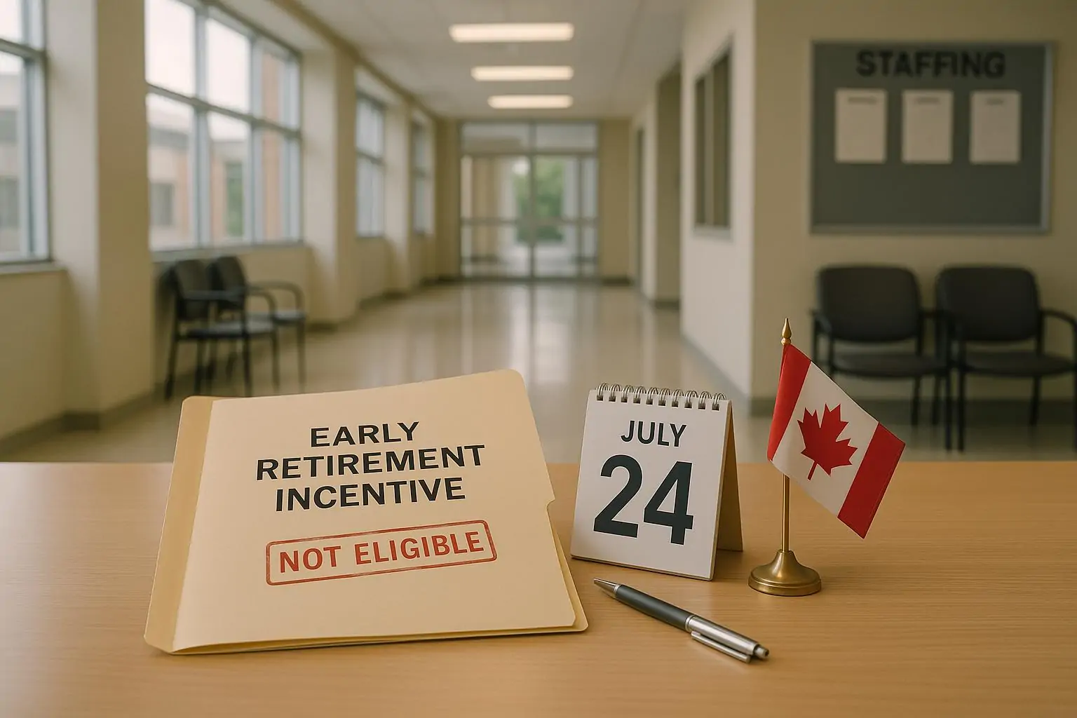 Папка с документом о досрочной пенсии и отметкой «не подходит», рядом календарь и нейтральный офисный фон.