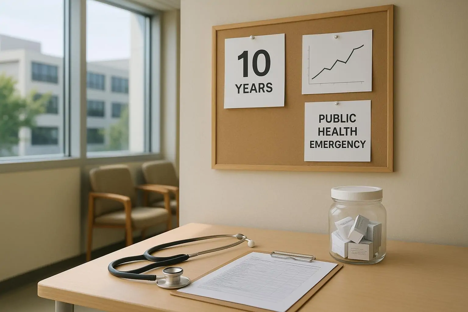 Светлый холл клиники с доской объявлений «10 лет ЧС» и графиком, символизирующим кризис