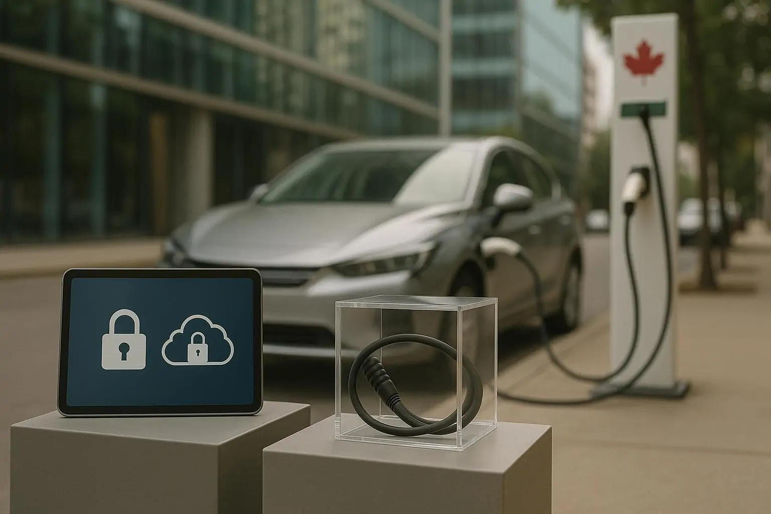 Электромобиль у зарядной станции и символы защиты данных на планшете в спокойной городской среде