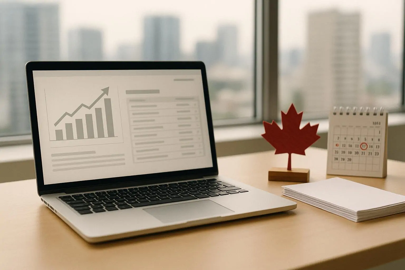 Ноутбук с нейтральной панелью роста заявок и аккуратные документы на столе, символ конкуренции Express Entry.