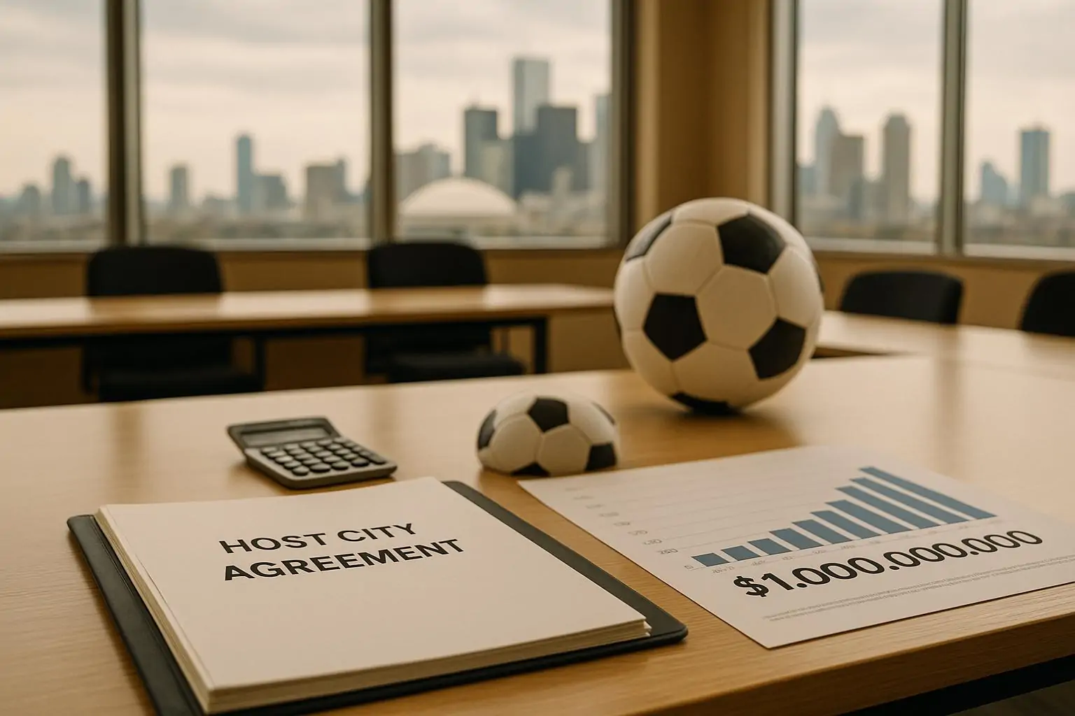 Папка с соглашением, калькулятор и таблица расходов рядом с футбольным мячом в светлом зале мэрии