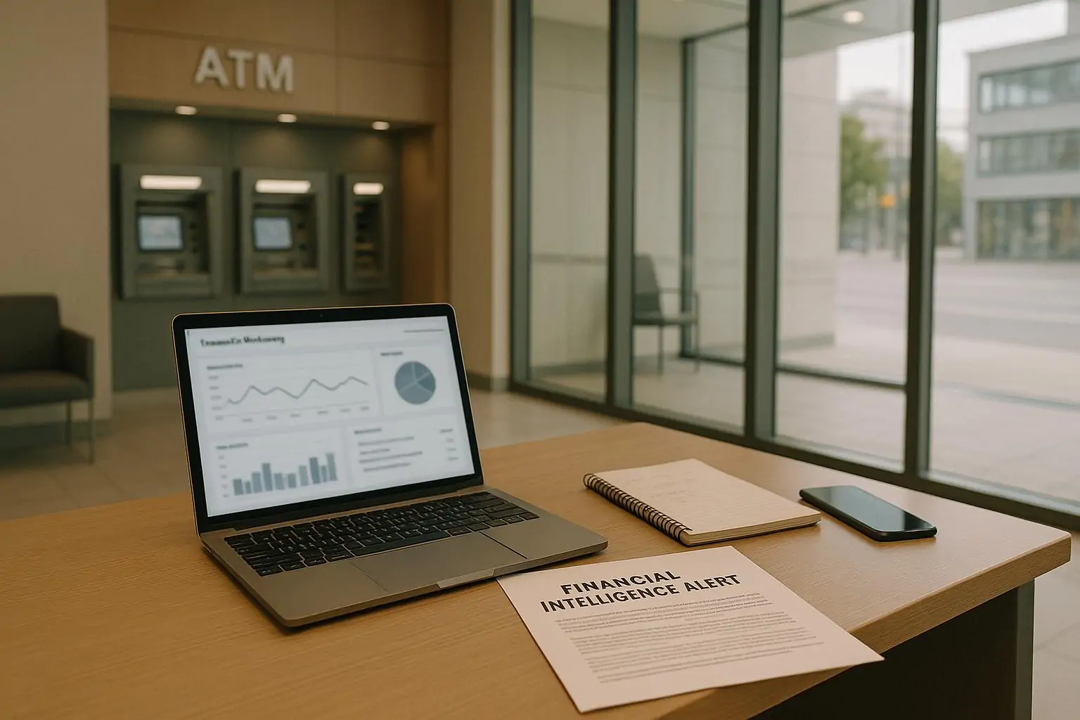 Спокойный офис банка: ноутбук с мониторингом транзакций и бюллетень о финансовых рисках на столе