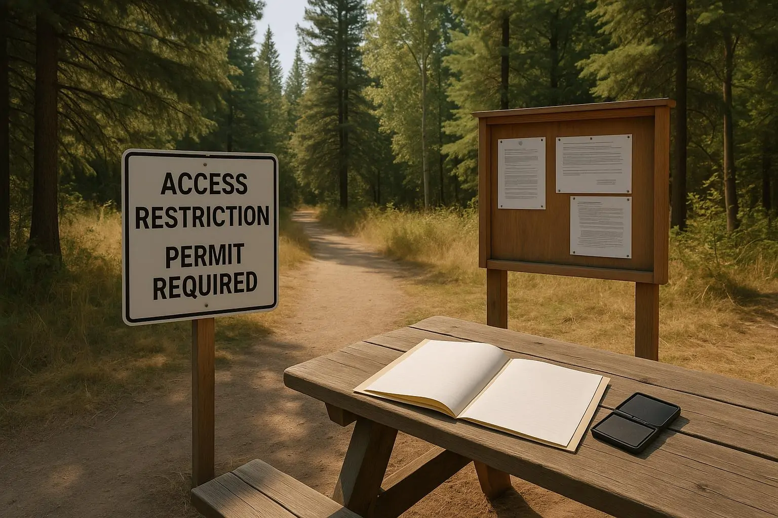 Вход на лесную тропу с нейтральной табличкой об ограничении доступа и папкой документов на столе