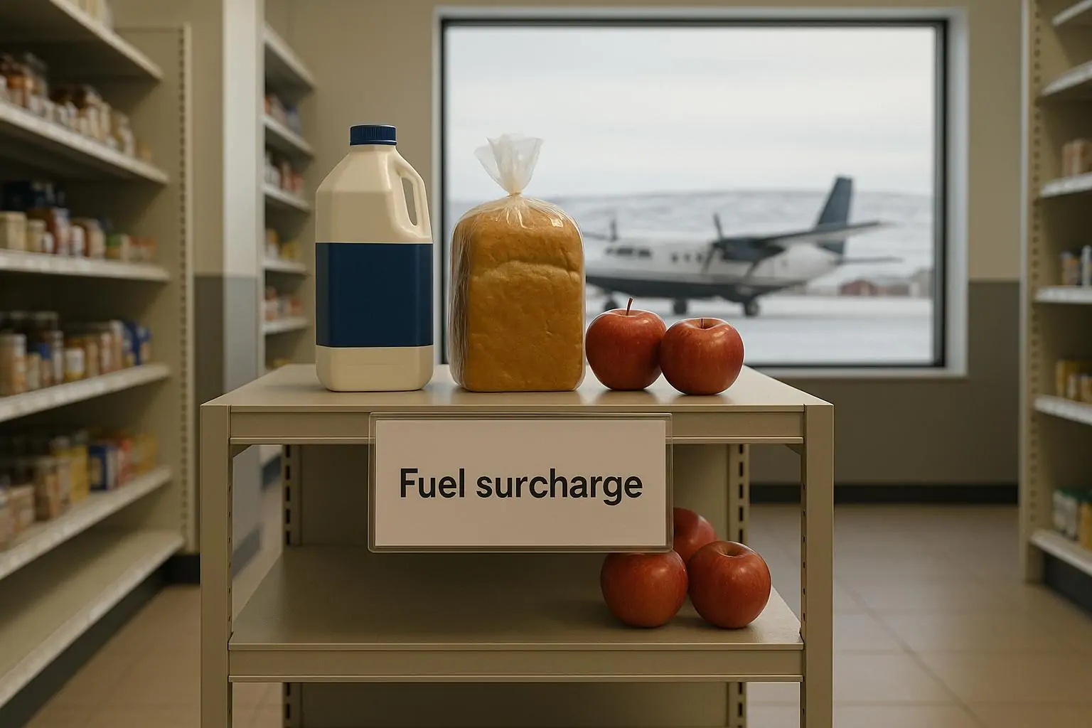 Полка с молоком и фруктами в небольшом северном магазине; на ценнике видна пометка о топливной надбавке