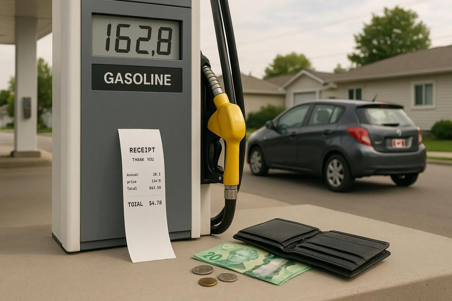 Заправочная колонка с высоким ценником, рядом чек и кошелёк с канадскими долларами на нейтральном фоне