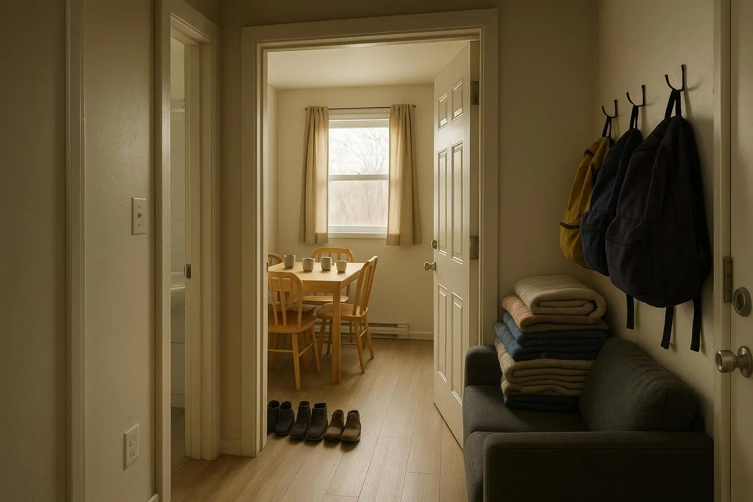 Светлая комната в небольшом доме: лишние обувь и рюкзаки у двери, на углу стены заметна лёгкая плесень.