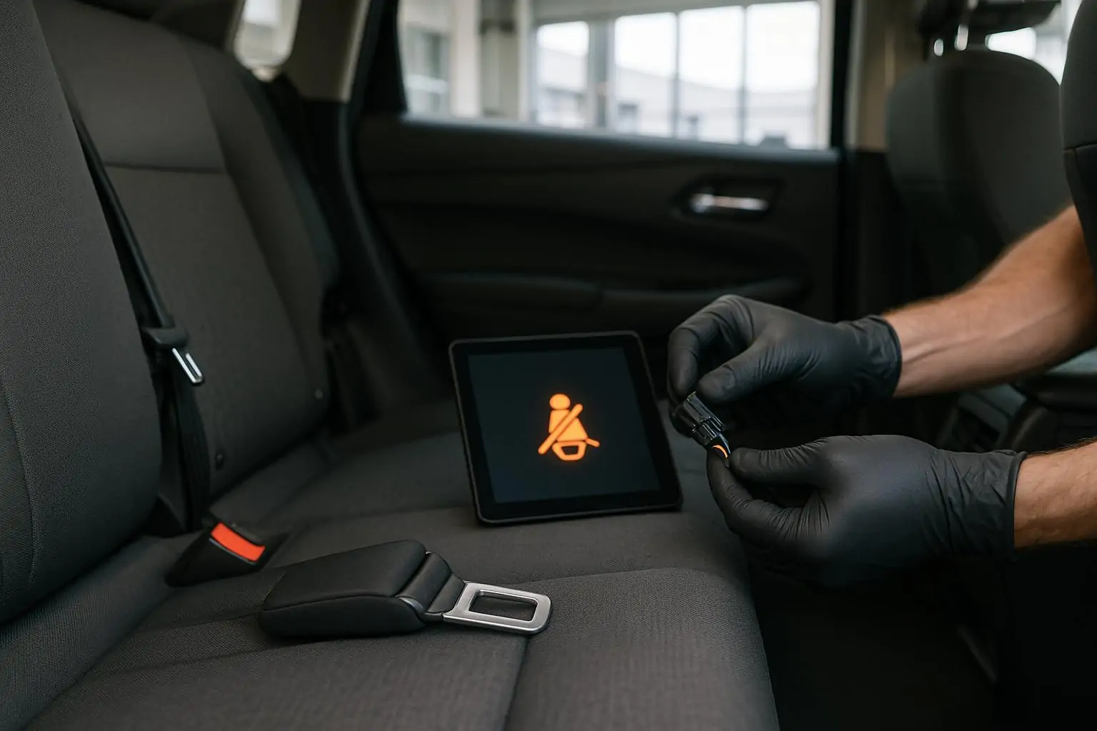 Сервисная зона дилера: осмотр ремня безопасности третьего ряда и диагностика индикатора в салоне кроссовера