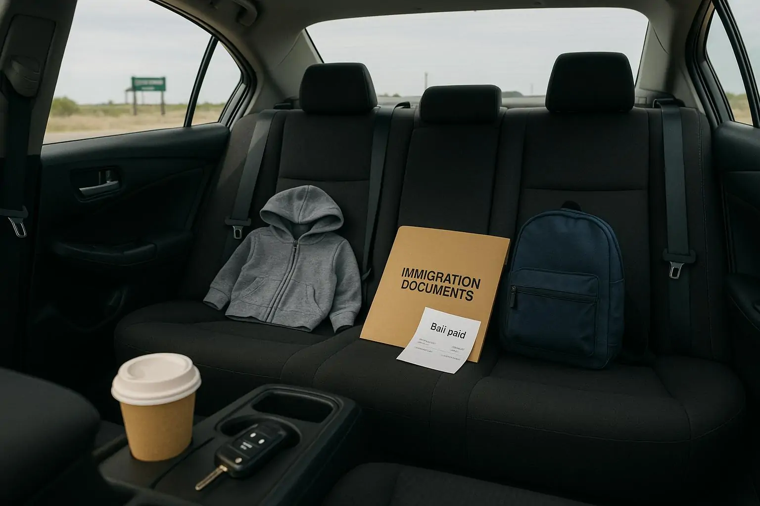 Салон машины при дневном свете: папка с иммиграционными документами и детский рюкзак на сиденье, дорога впереди.