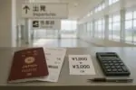 Паспорт и посадочный талон на стойке в аэропорту Японии, рядом заметка о росте выездного сбора