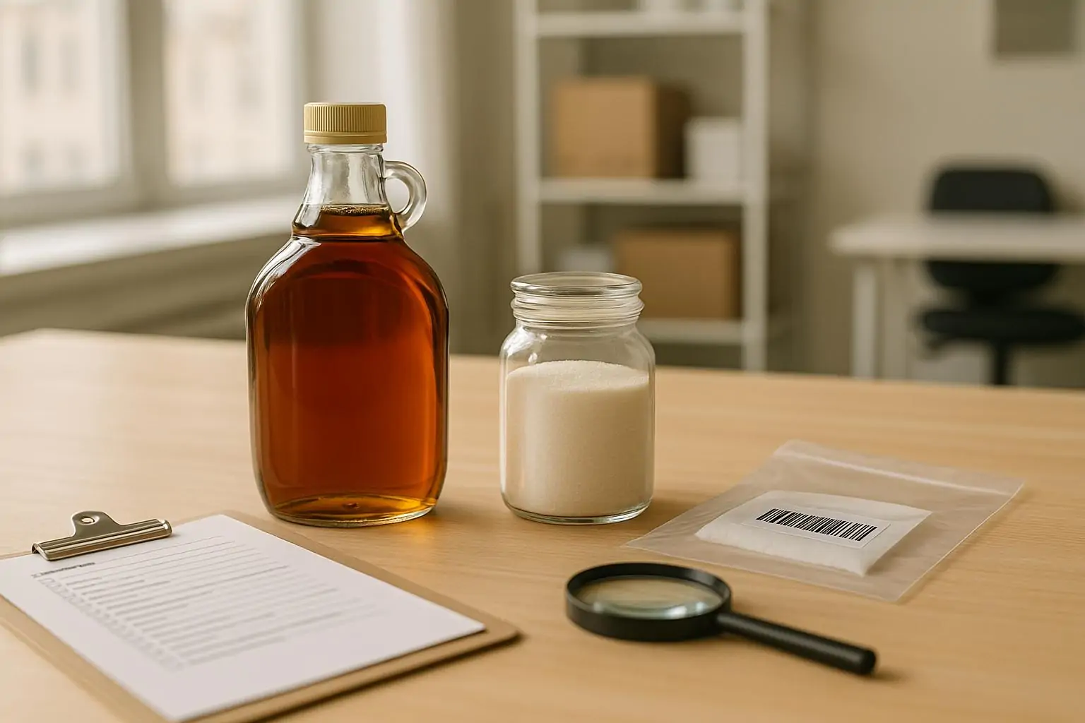 Бутылка кленового сиропа и банка сахара рядом с ней на столе, символ спора о «чистоте» продукта