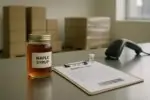 Банка кленового сиропа и инспекционные документы на столе, на фоне коробки возврата продукции.
