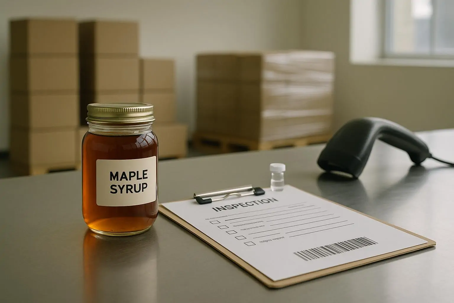 Банка кленового сиропа и инспекционные документы на столе, на фоне коробки возврата продукции.