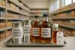 Банки с надписью «pure maple syrup» и пробирка с образцом на нейтральном фоне супермаркета, дневной свет