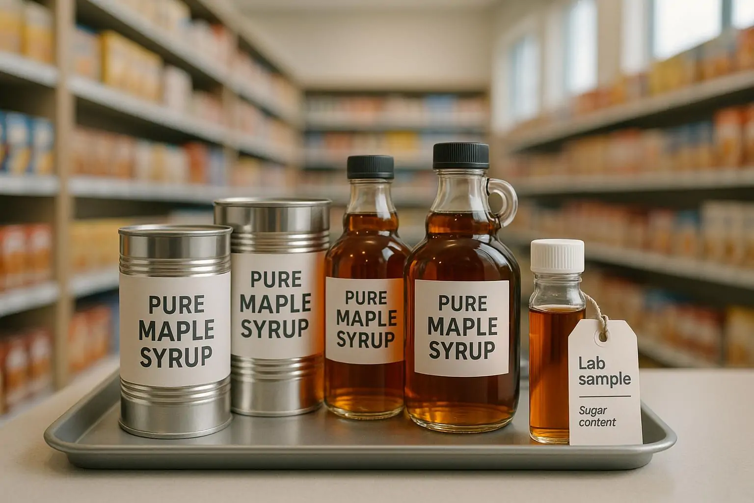 Банки с надписью «pure maple syrup» и пробирка с образцом на нейтральном фоне супермаркета, дневной свет