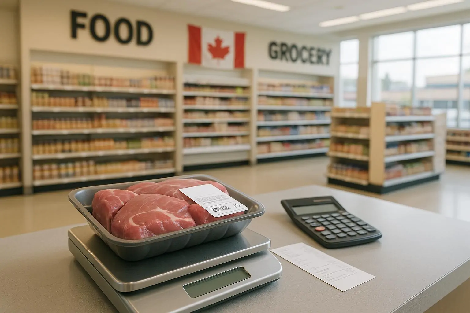 Упаковка мяса на кухонных весах рядом с чеком и калькулятором в светлом супермаркете