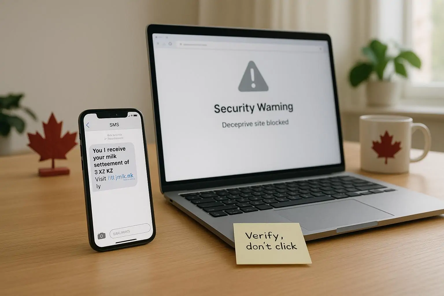 Смартфон с подозрительным СМС о «молочной выплате» рядом с ноутбуком и предупреждением о фишинге.