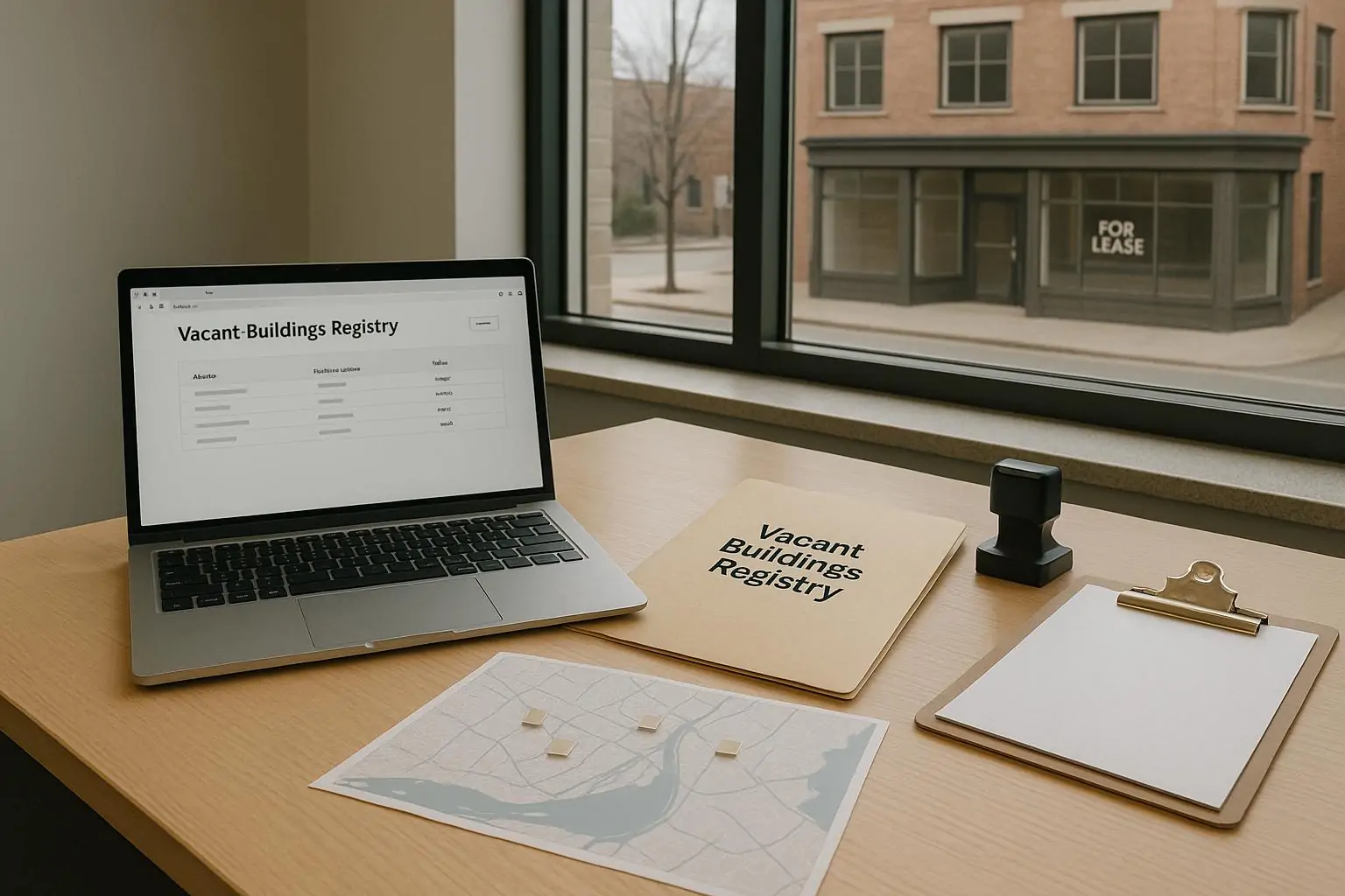 Стол с ноутбуком и папкой «реестр пустующих зданий», на фоне через окно спокойная улица Монреаля.