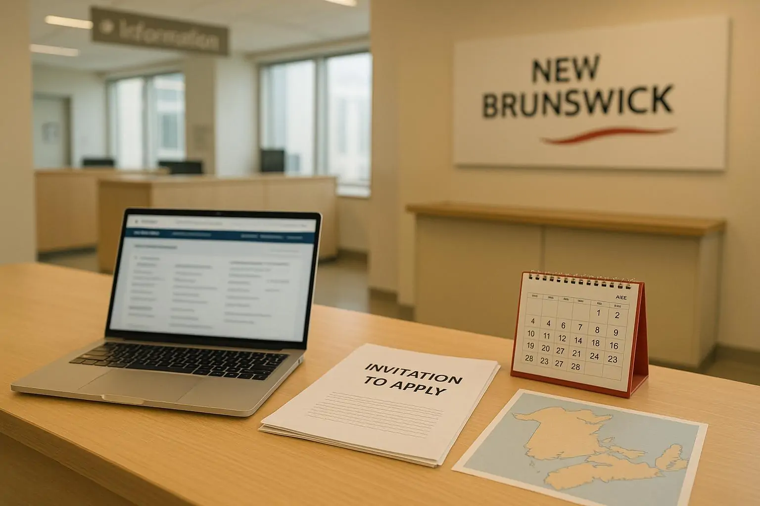 Офисная стойка с документами «Invitation to Apply», ноутбуком и календарём, символ отбора мигрантов в Нью-Брансуике