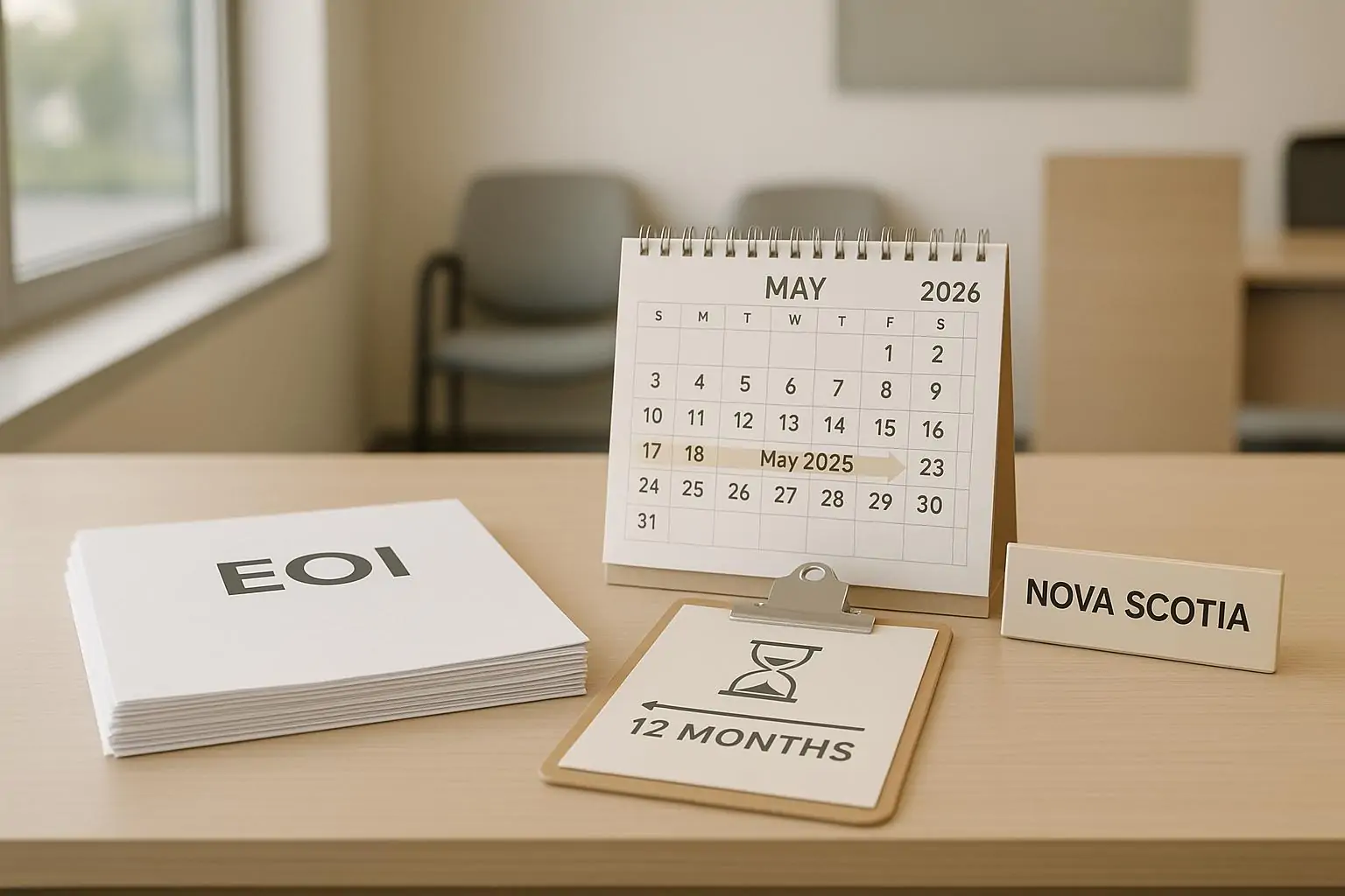На столе лежат документы EOI и календарь с отметкой «май 2026», символизирующие годовой срок профиля.