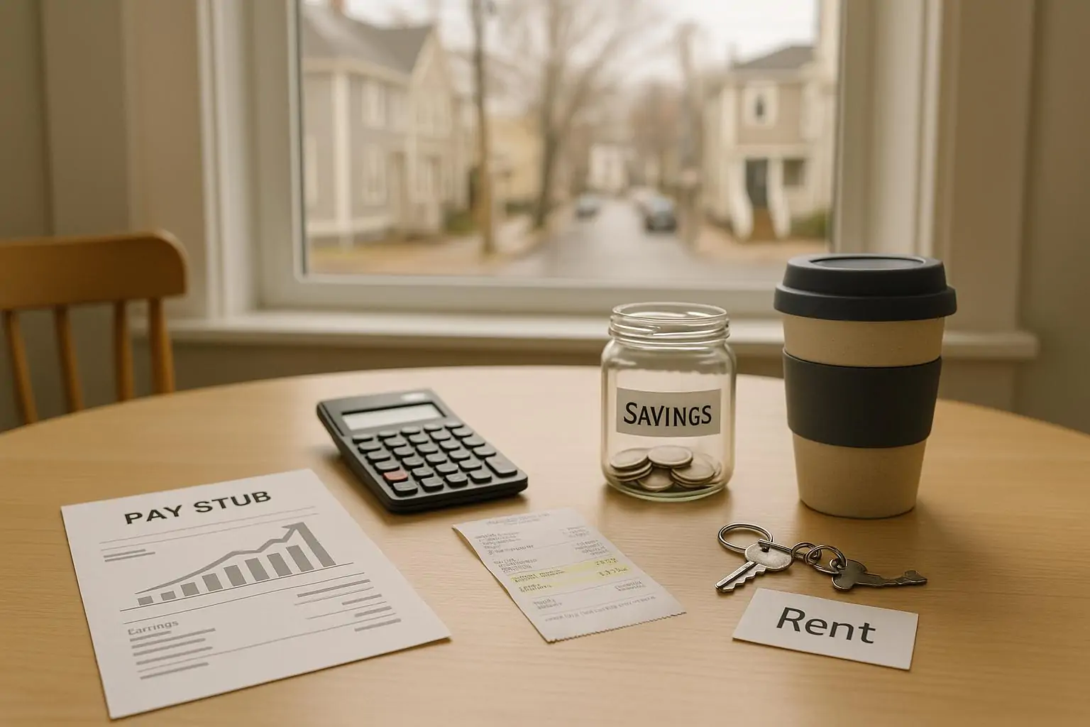 Кухонный стол с расчетным листком, чеками и заметкой «аренда», символ роста зарплат и дороговизны
