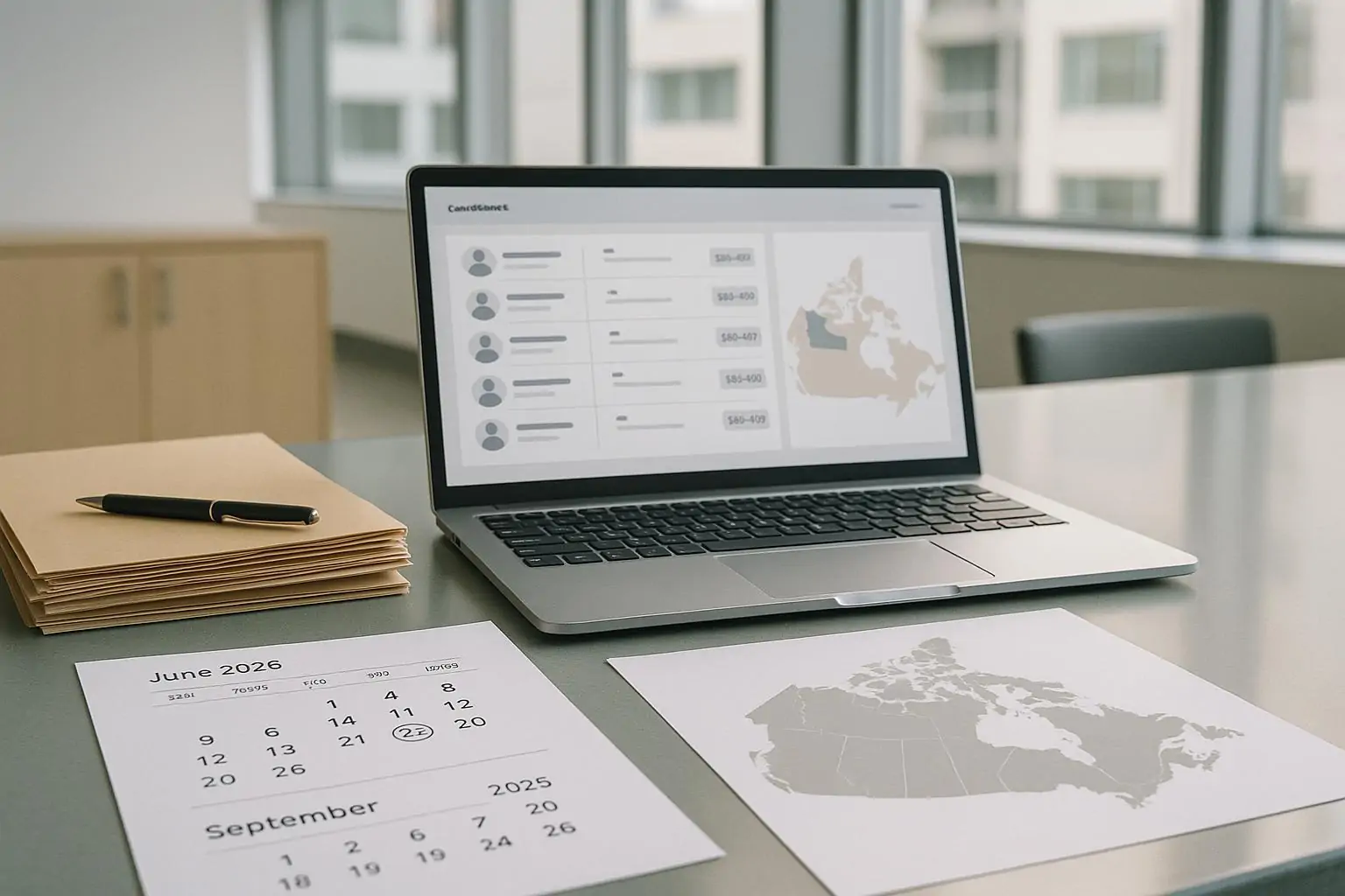 Офисная сцена: ноутбук с нейтральной таблицей баллов EOI, календарь с датами 2026 и карта Канады с выделением NWT.