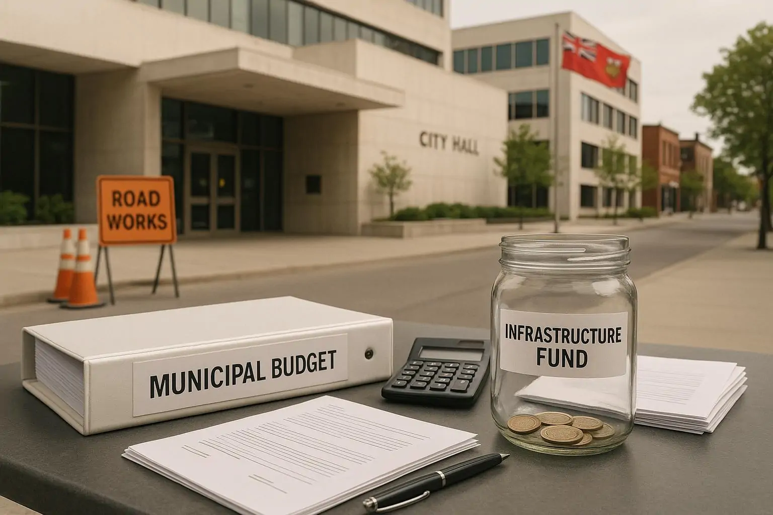Папка «Муниципальный бюджет», калькулятор и почти пустая банка «Инфраструктурный фонд» у здания мэрии