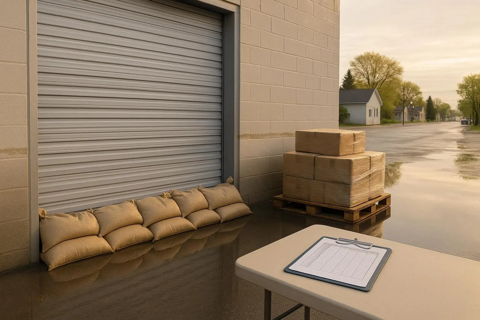 Склад малого бизнеса в Онтарио после наводнения: мешки с песком у ворот, влажные коробки и след воды.