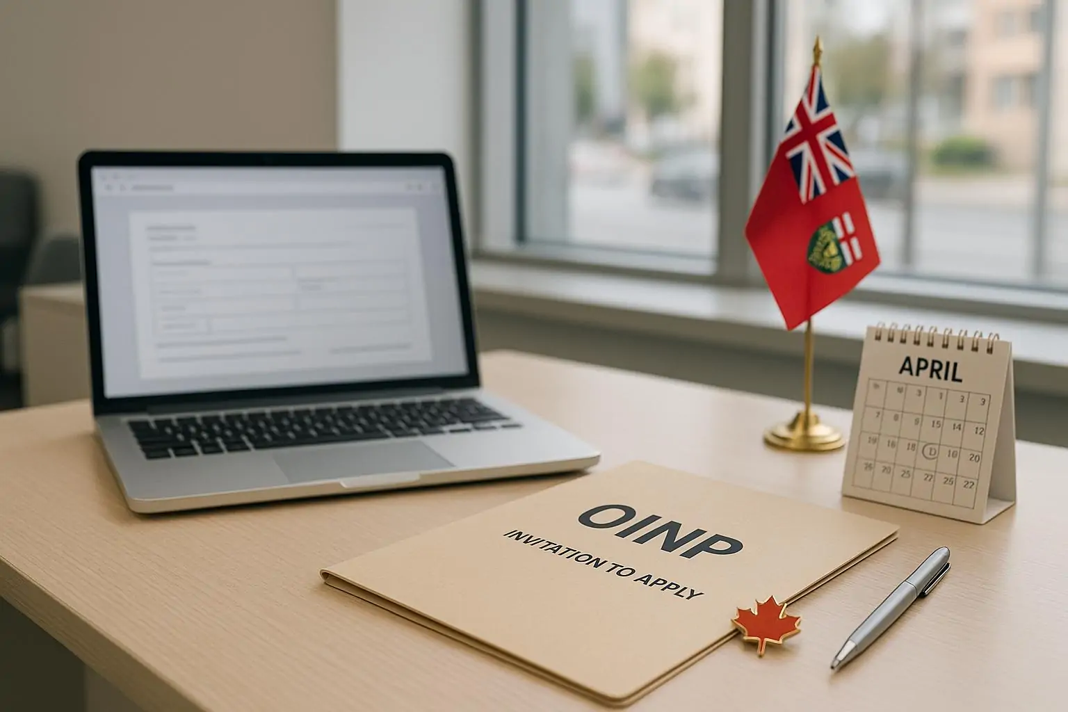 Папка с пометкой OINP и приглашение подать заявку рядом с ноутбуком в светлом офисе, без людей.