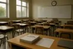 Пустой светлый класс: на столе стопка бланков экзамена и лист посещаемости, нейтральный дневной свет.