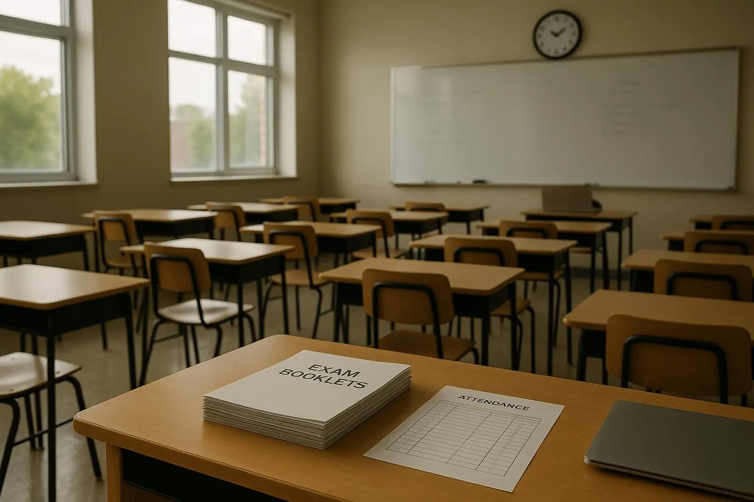 Пустой светлый класс: на столе стопка бланков экзамена и лист посещаемости, нейтральный дневной свет.
