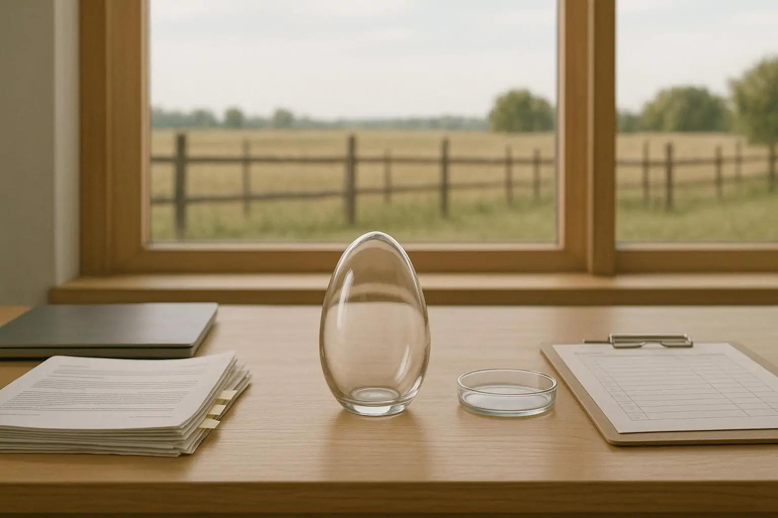Офисный стол с документами и символическим «яйцом», на фоне окна размытый силуэт фермы и ограды