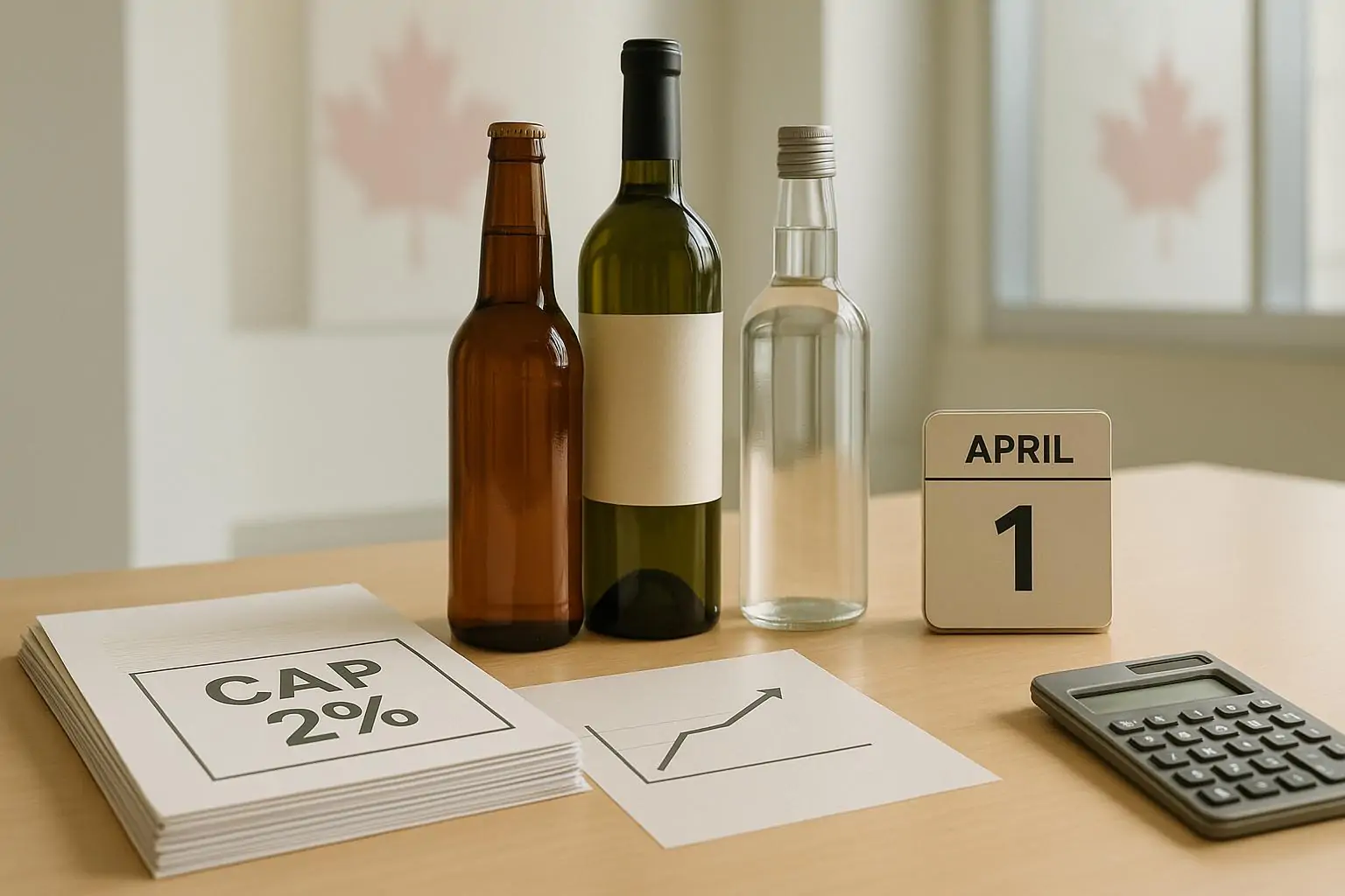 Натюрморт: бутылки без этикеток, документы и календарь «1 апреля», символ заморозки акцизов в Канаде