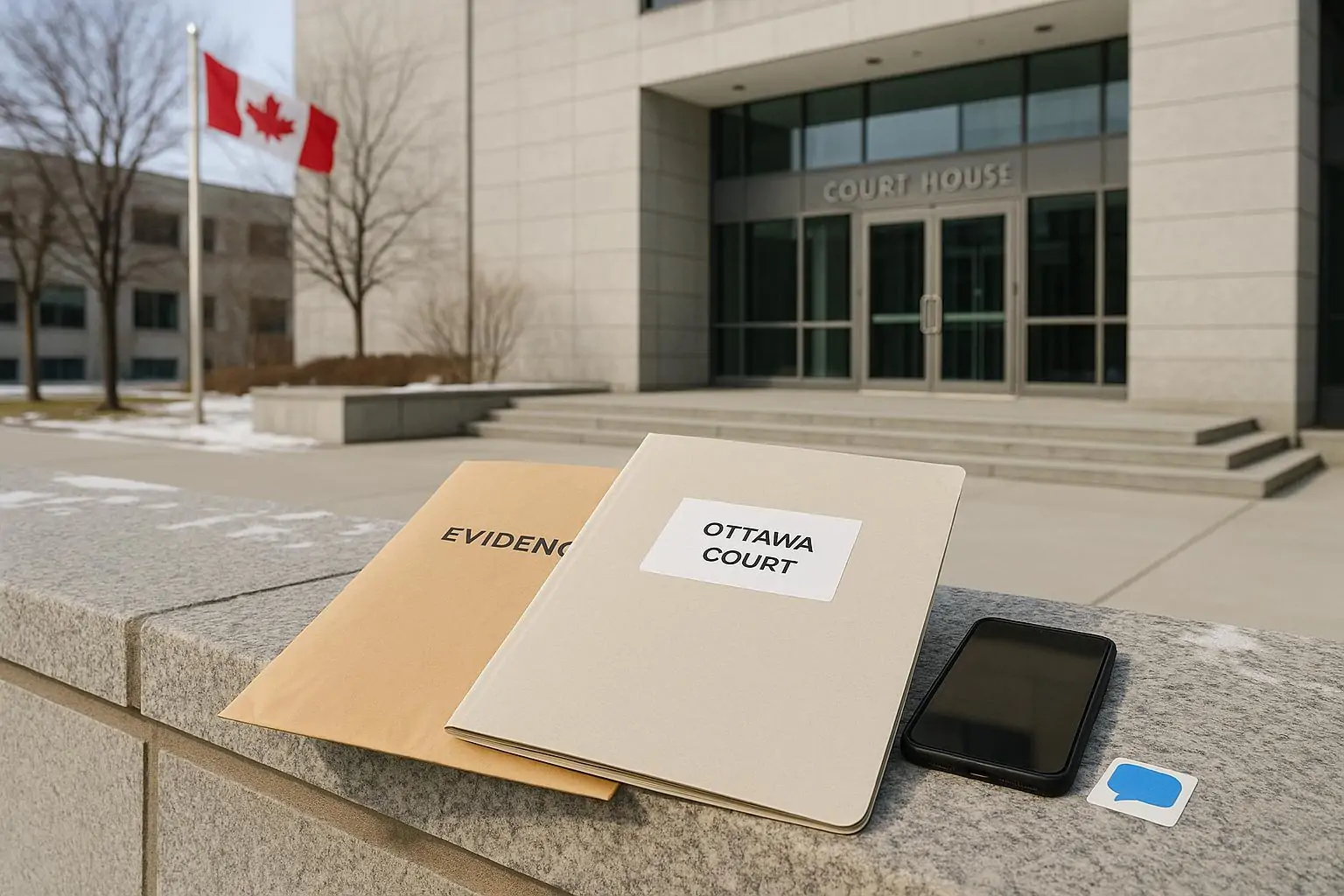 Вход в современный суд Оттавы и на переднем плане папка с документами и смартфон как символ дела
