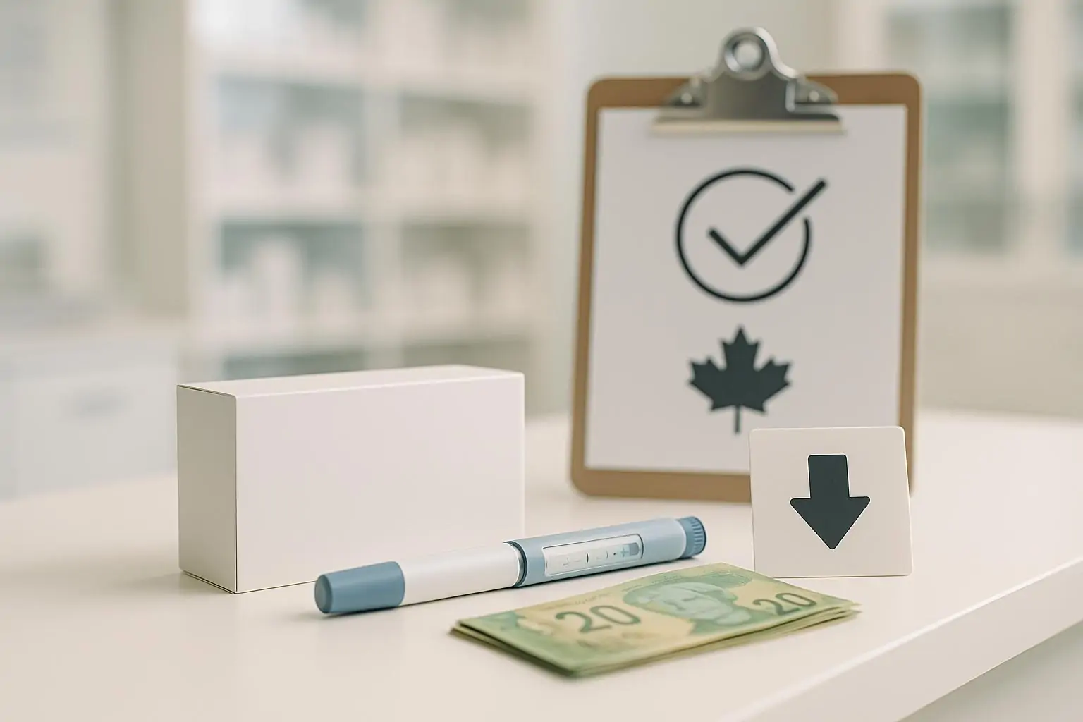 Натюрморт в аптеке: инъекционная ручка и нейтральная упаковка рядом с ценником со стрелкой вниз и канадскими долларами.