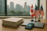 Папка с документами и флаги Канады и США на офисном столе у окна, символ спора об экстрадиции