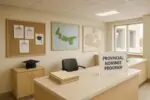 Светлый интерьер сервисного офиса с картой PEI и папками заявлений, символ роста иммиграционных приглашений