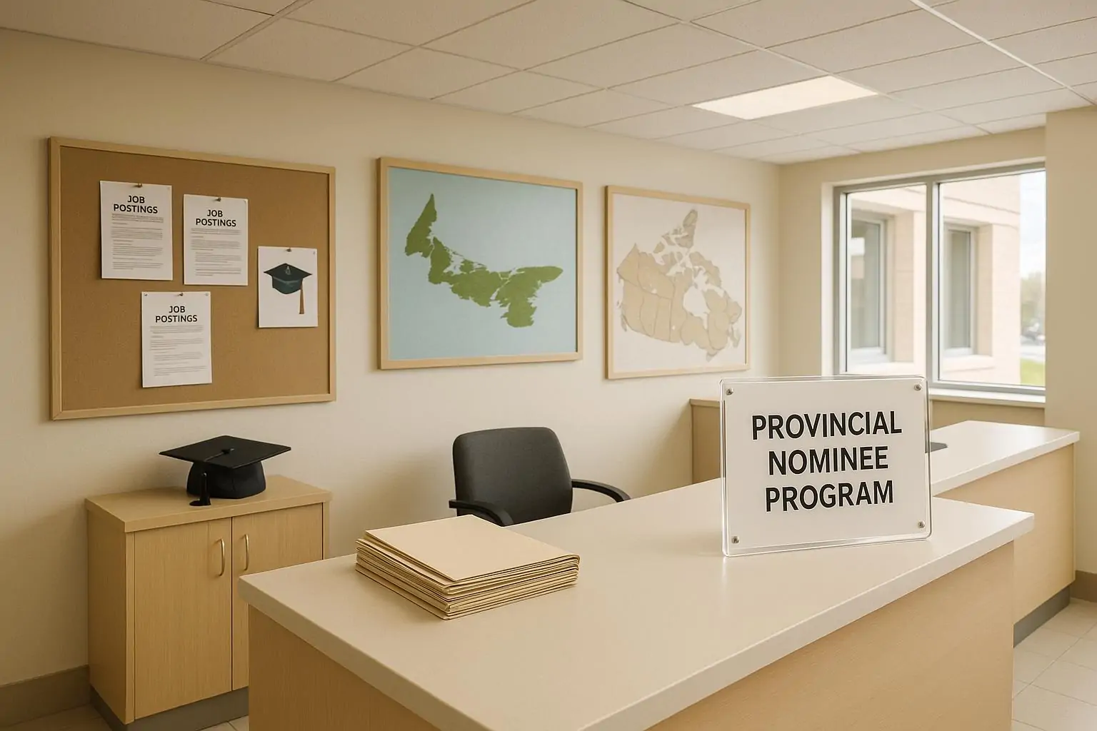 Светлый интерьер сервисного офиса с картой PEI и папками заявлений, символ роста иммиграционных приглашений