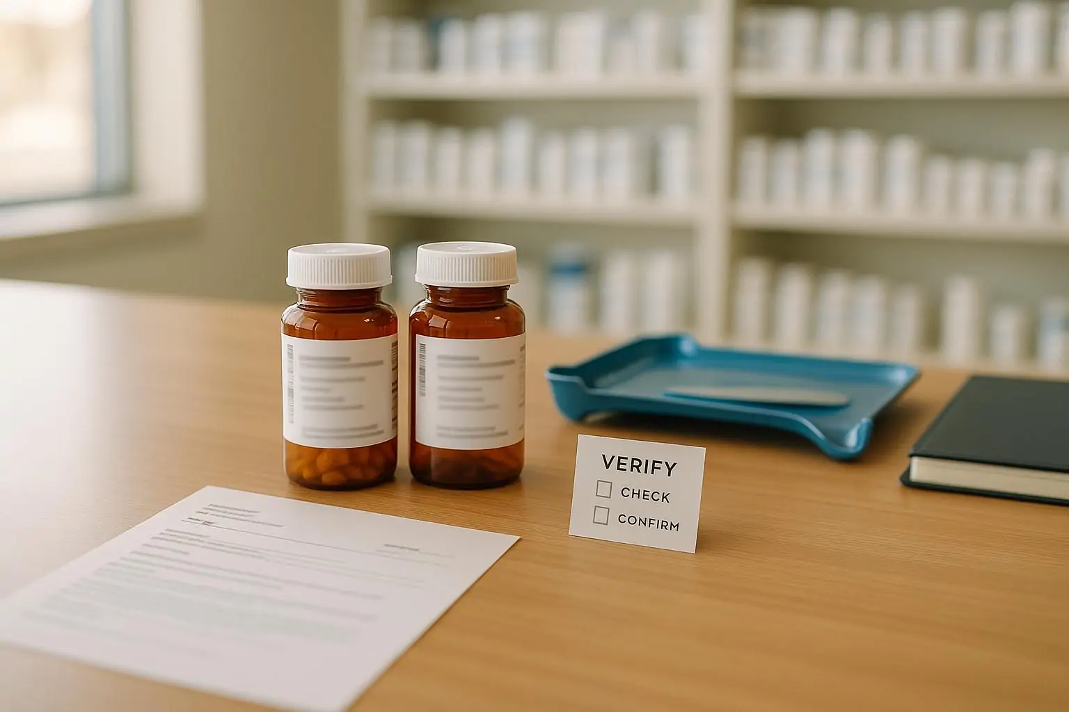 Светлый интерьер аптеки: на стойке два похожих флакона и размытый рецепт, символ проверки выдачи