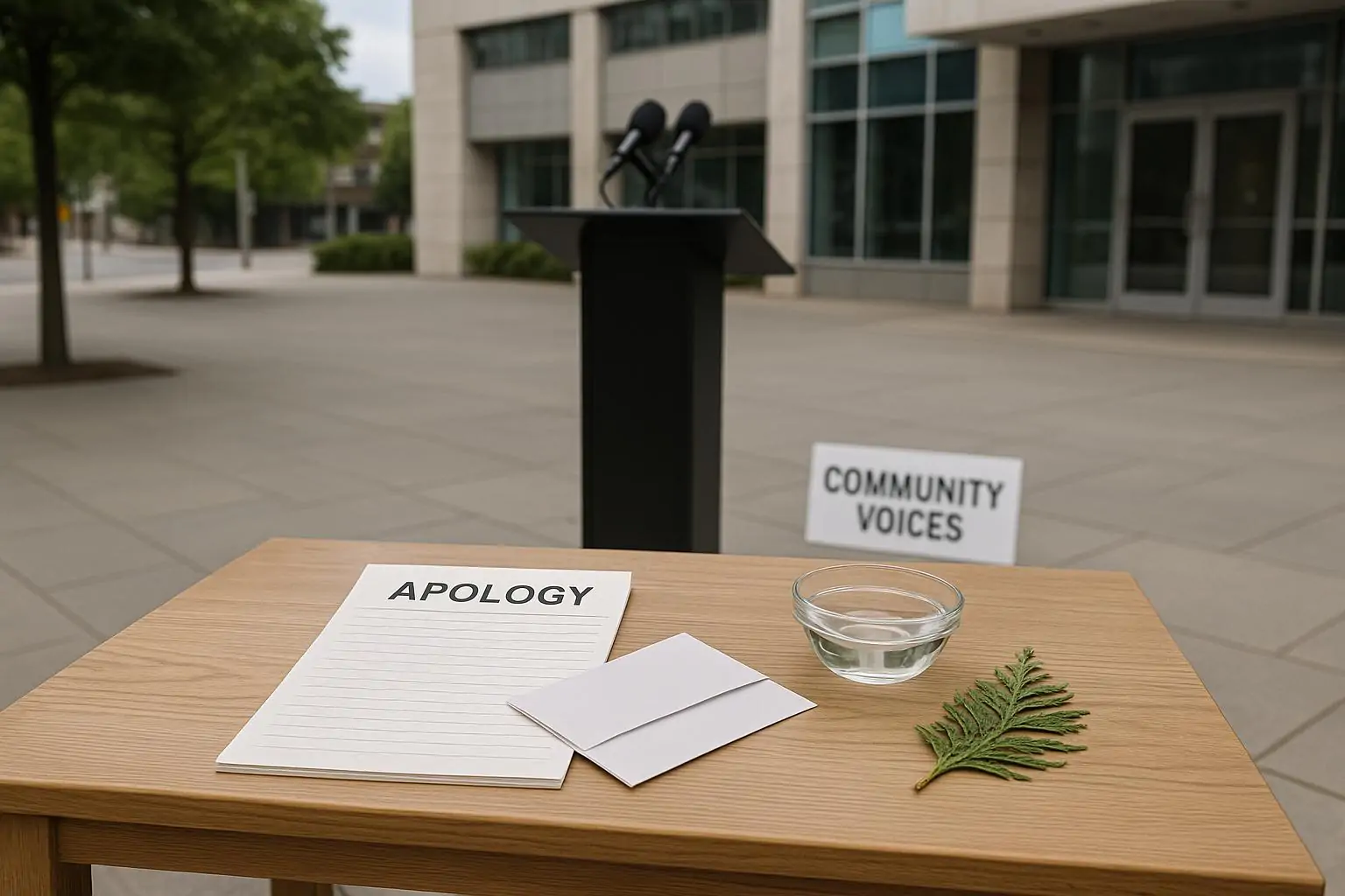 Спокойная площадь у госздания: стол с письмом «извинение» и веточкой кедра, пустой подиум на фоне.
