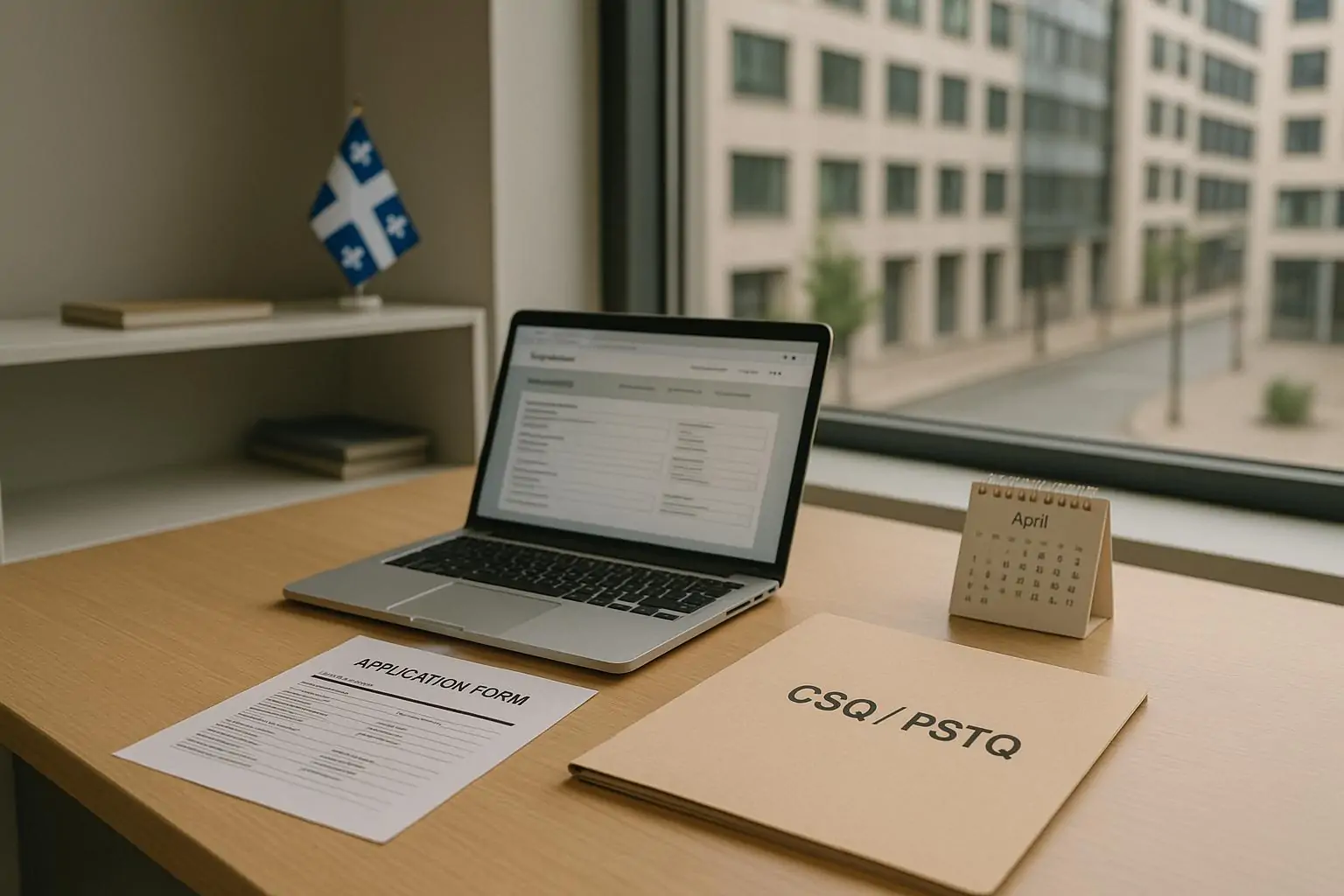 Светлый офисный стол с папкой «CSQ/PSTQ» и ноутбуком с формой заявки, символ ожидания решения в Квебеке.