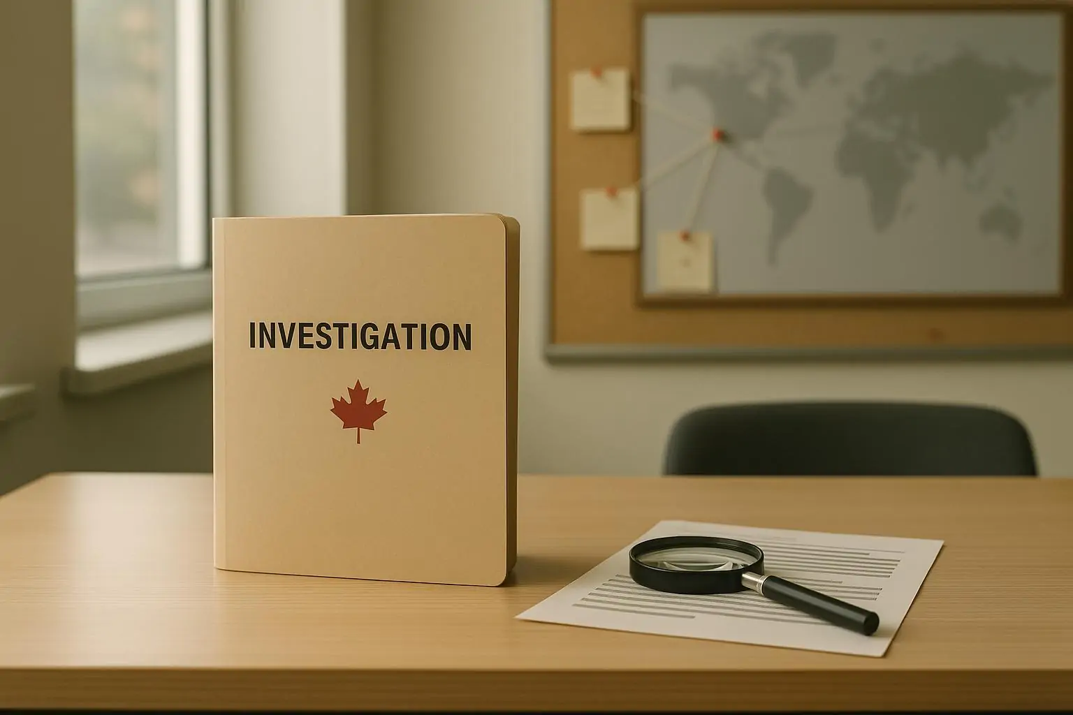 Папка «Investigation» и размытые документы под лупой на столе, символ трудных доказательств и запугивания