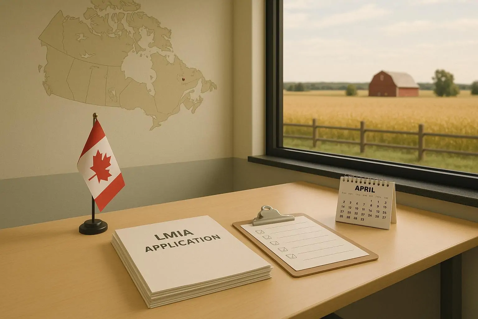 Папка с заявкой LMIA на столе в сельском офисе, в окне ферма; нейтральный символ найма мигрантов