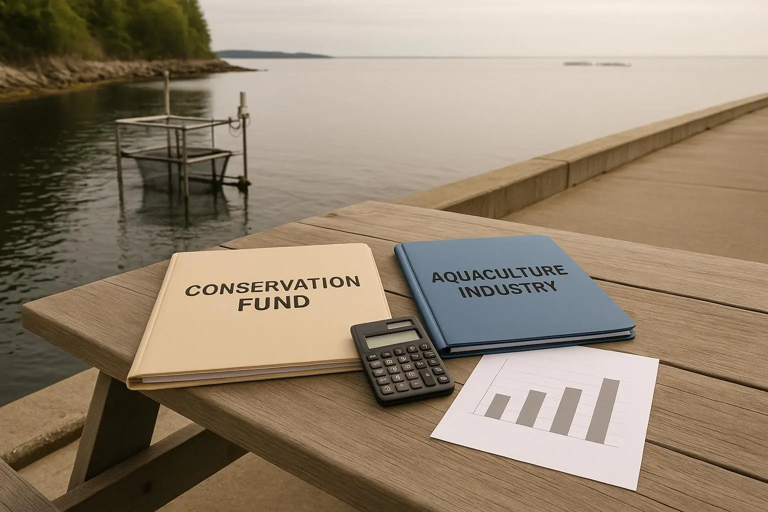 Папки «Conservation Fund» и «Aquaculture Industry» на причале у спокойной бухты, символ спора о финансировании лосося
