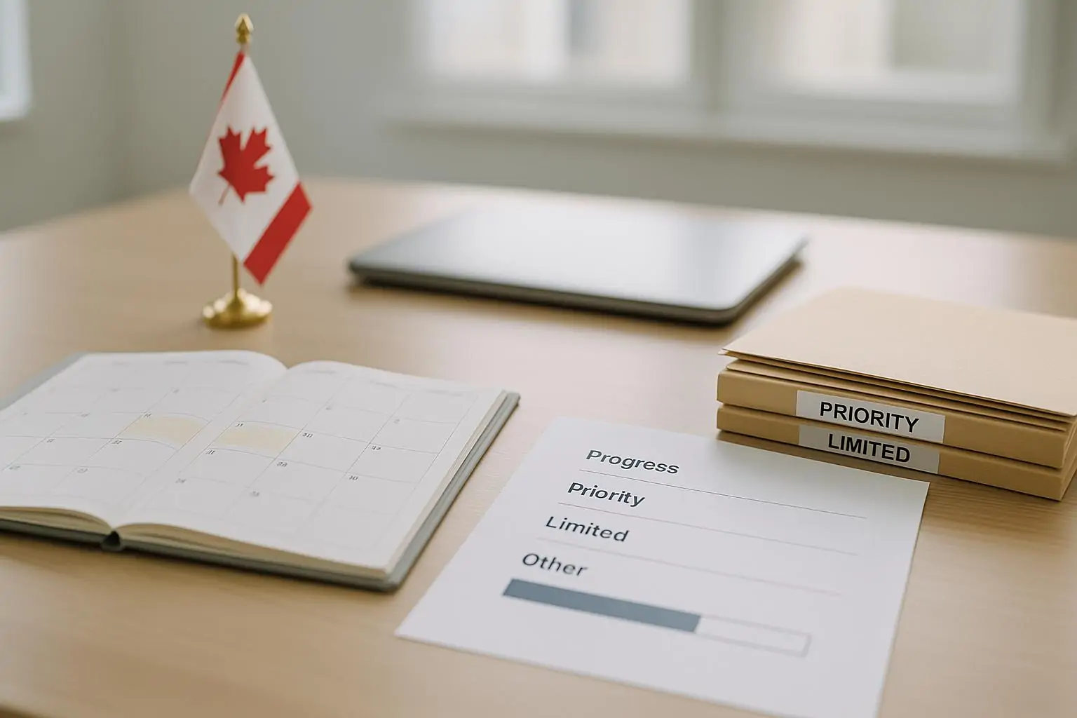 Светлый офисный стол с календарём и диаграммой распределения квоты SINP‑2026, видны занятые места.